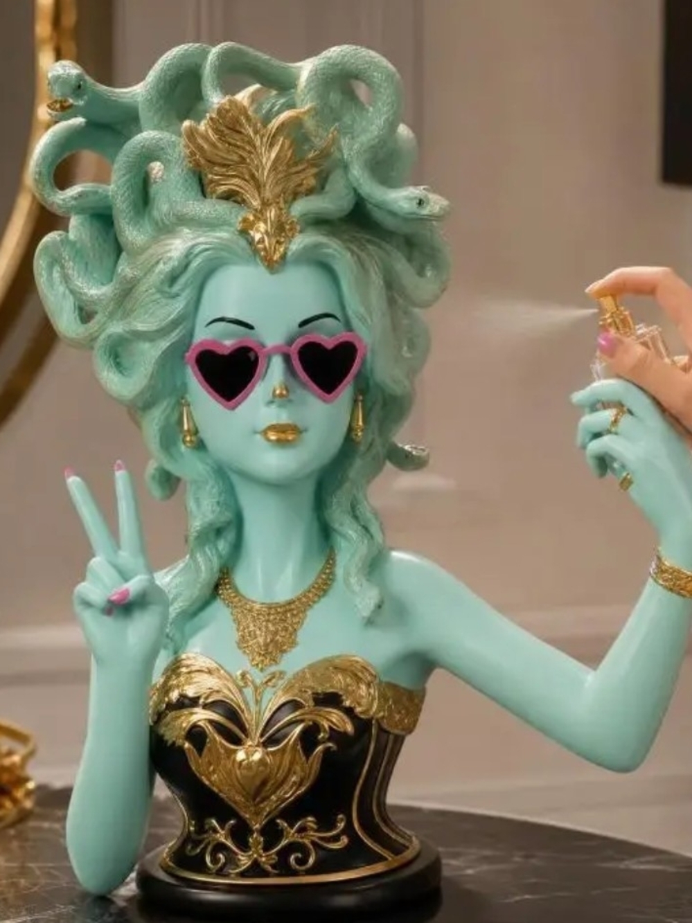 Medusa Bust Statue - Turquoise and Gold Color Decorative Accent - Picture 3 of 4
